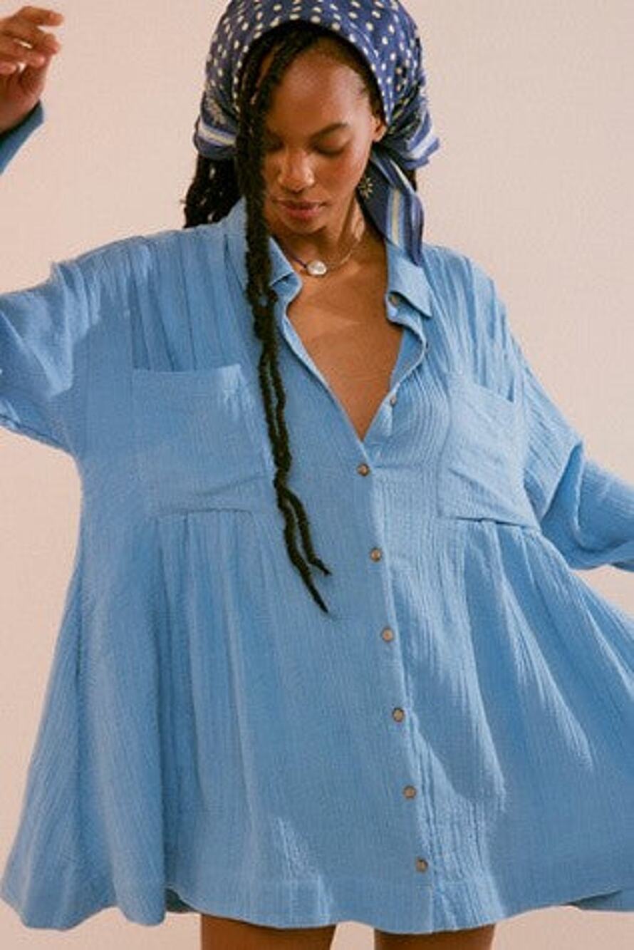 Free People The Voyager Long Sleeves Mini Shirt Dress - S
